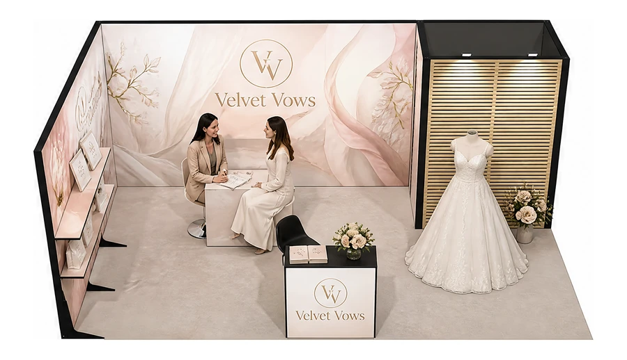 Stoisko 6 × 4 m narożne lewe dla branży branża ślubna, przykładowa marka Velvet Vows