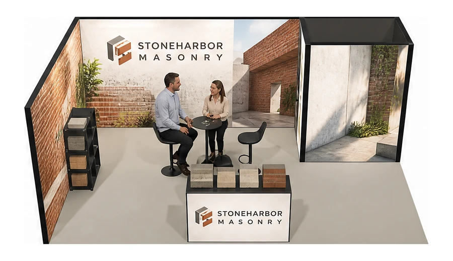 Stoisko 6 × 4 m narożne lewe dla branży materiały budowlane, przykładowa marka Stoneharbor Masonry
