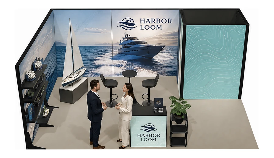 Stoisko 6 × 4 m narożne lewe dla branży jachty i łodzie, przykładowa marka Harbor Loom