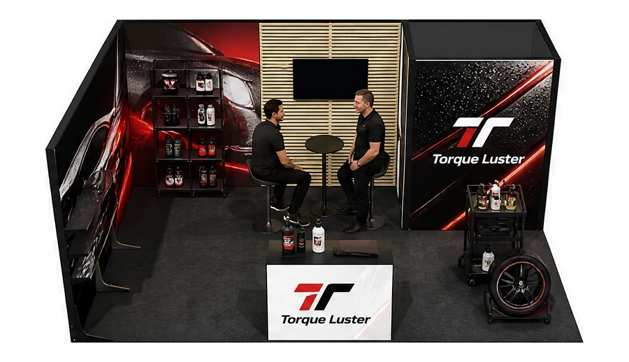 Stoisko 6 × 4 m narożne lewe dla branży tuning i detailing, przykładowa marka Torque Luster