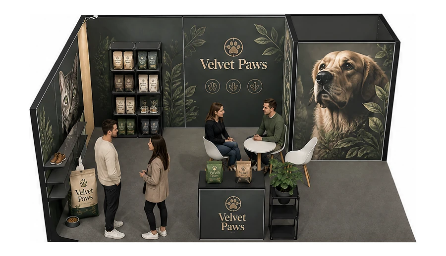 Stoisko 6 × 4 m narożne lewe dla branży karma dla zwierząt, przykładowa marka Velvet Paws