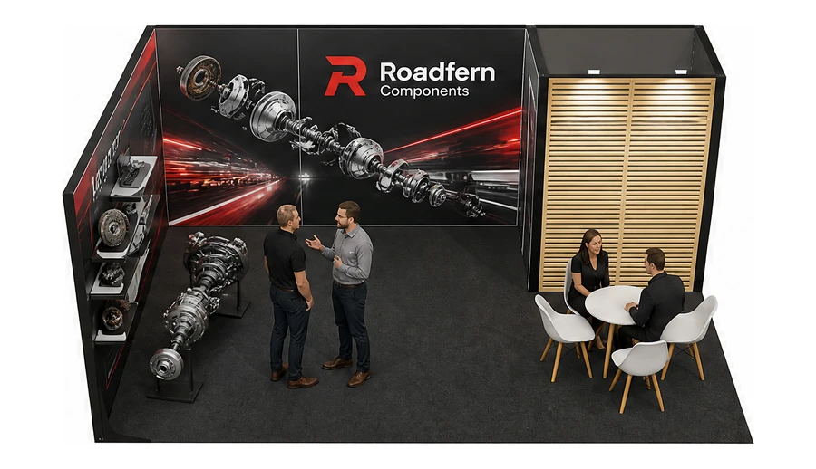Stoisko 6 × 4 m narożne lewe dla branży części motoryzacyjne, przykładowa marka Roadfern Components