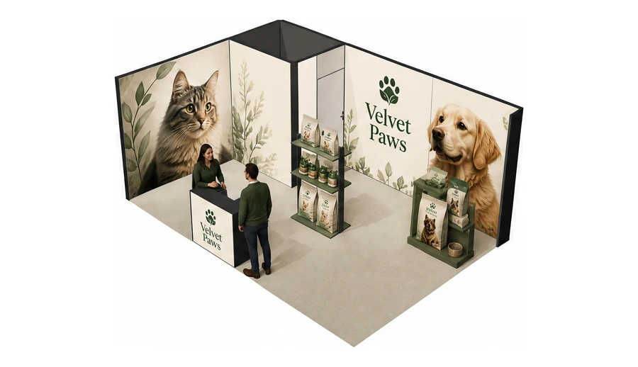 Stoisko 6 × 4 m narożne lewe dla branży karma dla zwierząt, przykładowa marka Velvet Paws