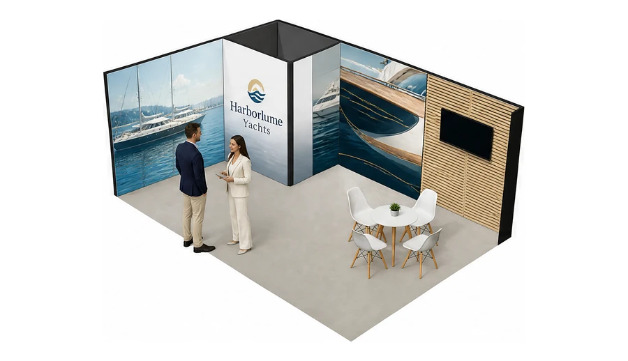 Stoisko 6 × 4 m narożne lewe dla branży jachty i łodzie, przykładowa marka Harborlume Yachts