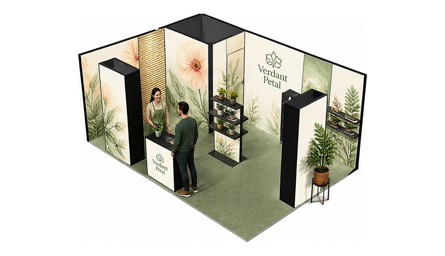 Stoisko 6 × 4 m narożne lewe dla branży rośliny i kwiaciarstwo, przykładowa marka Verdant Petal