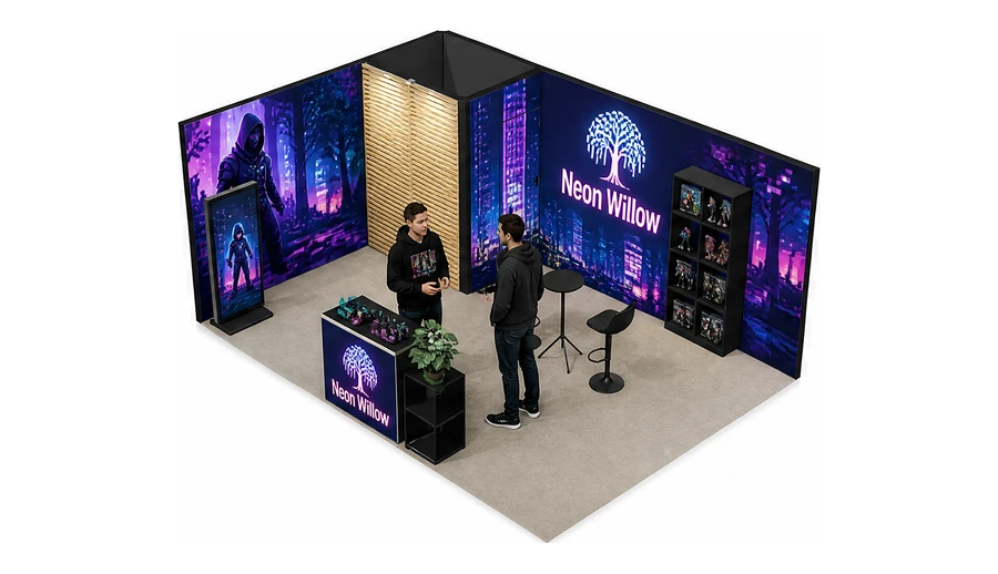 Stoisko 6 × 4 m narożne lewe dla branży gry wideo, przykładowa marka Neon Willow
