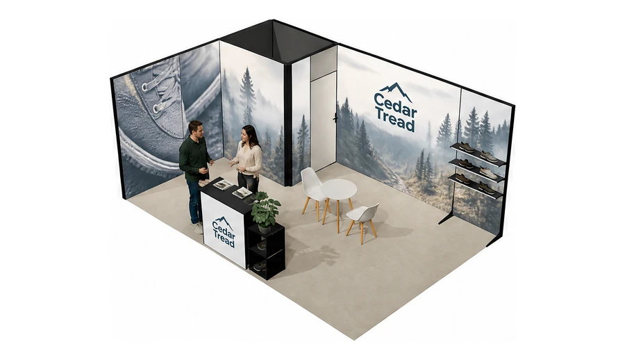 Stoisko 6 × 4 m narożne lewe dla branży obuwie, przykładowa marka Cedar Tread