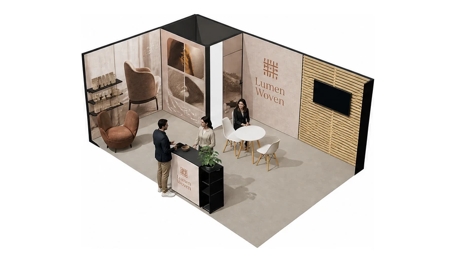 Stoisko 6 × 4 m narożne lewe dla branży meble designerskie, przykładowa marka Lumen Woven