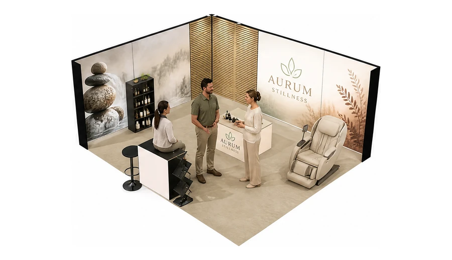 Stoisko 6 × 5 m narożne lewe dla branży spa i wellness, przykładowa marka Aurum Stillness
