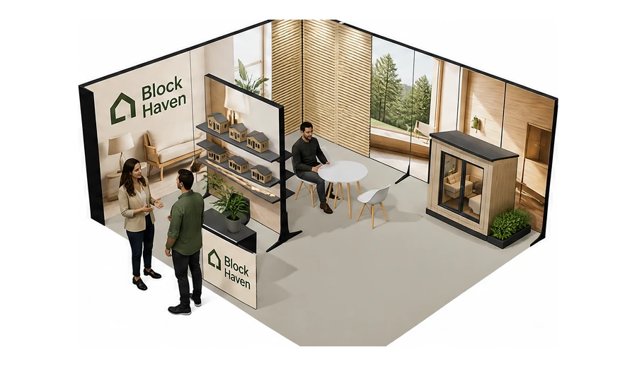 Stoisko 6 × 5 m narożne lewe dla branży domy modułowe i prefabrykacja, przykładowa marka Block Haven
