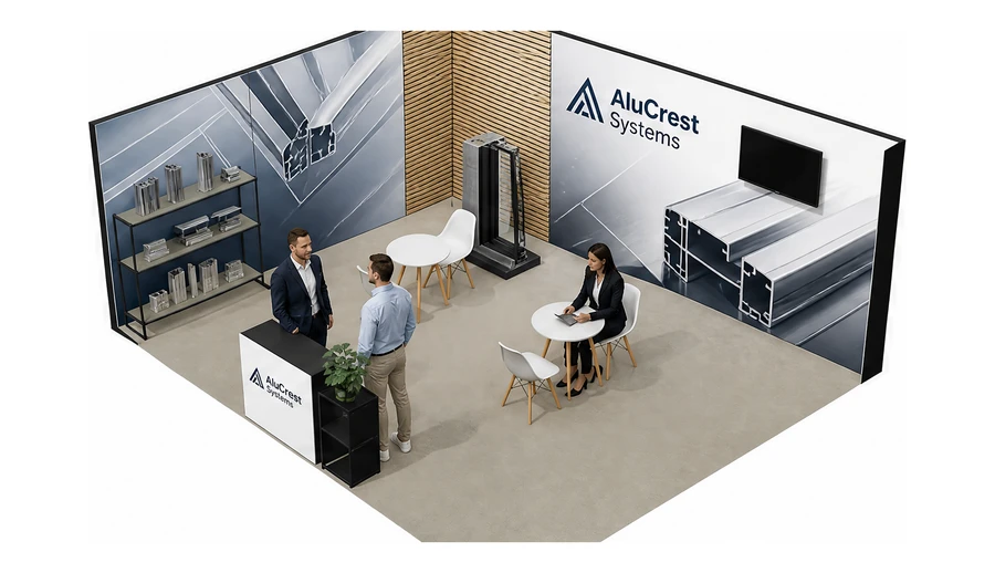 Stoisko 6 × 5 m narożne lewe dla branży profile aluminiowe, przykładowa marka AluCrest Systems