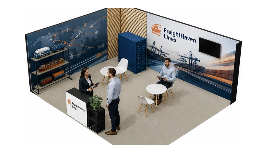 Stoisko 6 × 5 m narożne lewe dla branży logistyka i spedycja, przykładowa marka FreightHaven Lines