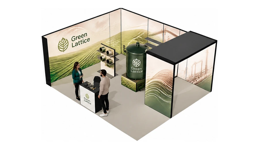 Stoisko 6 × 5 m narożne lewe dla branży biogaz i OZE, przykładowa marka Green Lattice