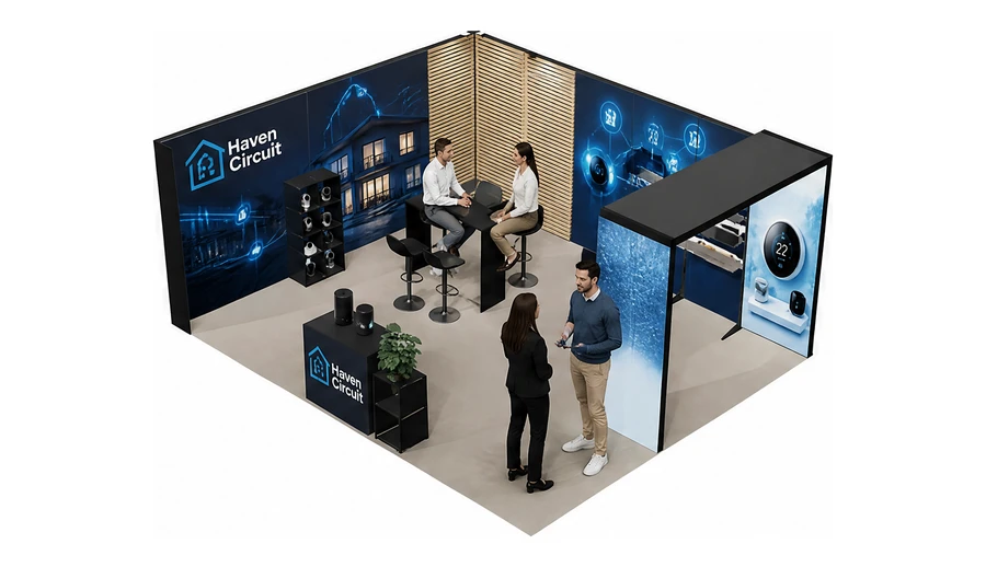 Stoisko 6 × 5 m narożne lewe dla branży smart home i IoT, przykładowa marka Haven Circuit