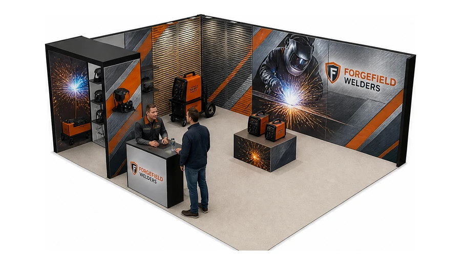 Stoisko 6 × 5 m narożne lewe dla branży spawalnictwo, przykładowa marka Forgefield Welders