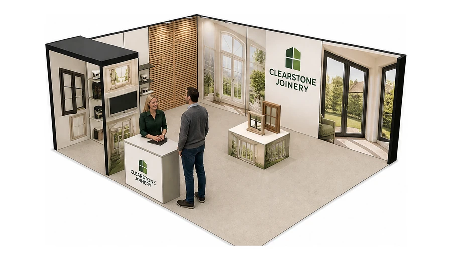 Stoisko 6 × 5 m narożne lewe dla branży okna i drzwi, przykładowa marka Clearstone Joinery