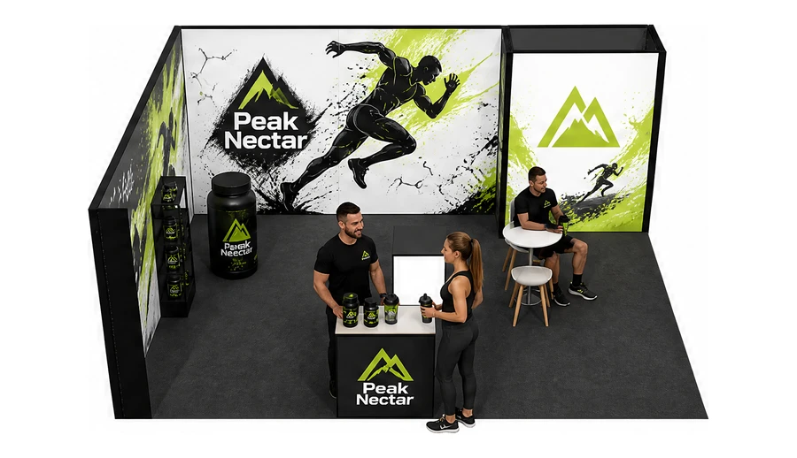 Stoisko 6 × 5 m narożne lewe dla branży suplementy diety, przykładowa marka Peak Nectar