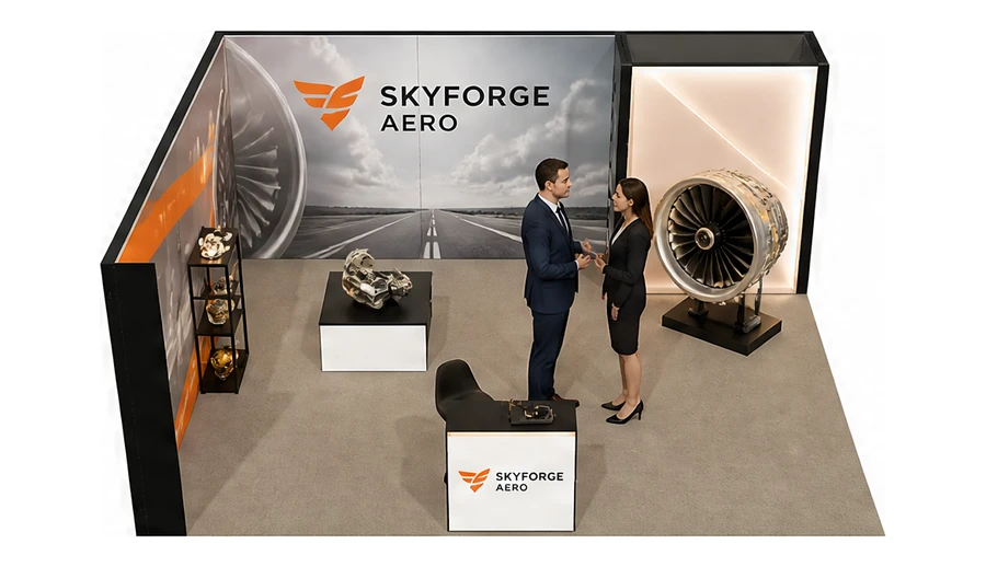 Stoisko 6 × 5 m narożne lewe dla branży lotnictwo, przykładowa marka Skyforge Aero