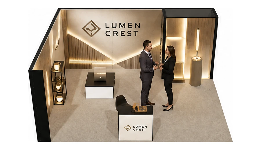 Stoisko 6 × 5 m narożne lewe dla branży oświetlenie, przykładowa marka Lumen Crest