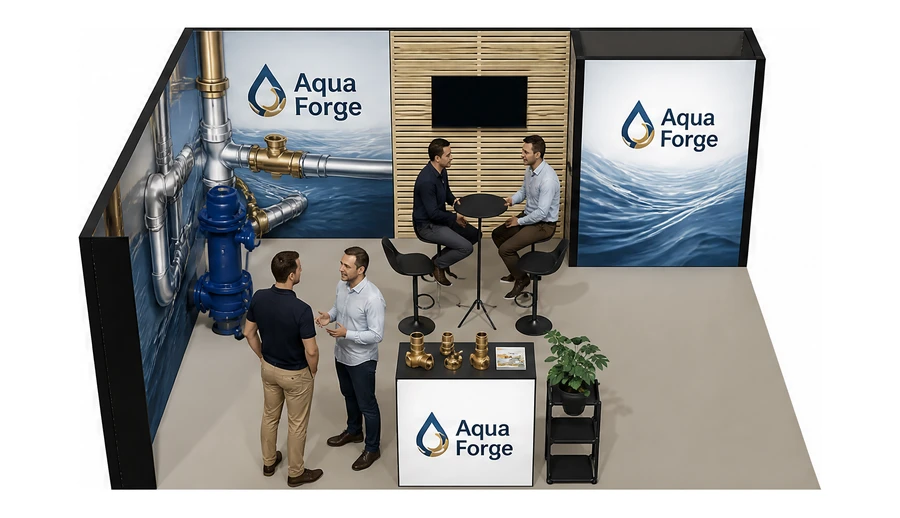 Stoisko 6 × 5 m narożne lewe dla branży instalacje wodno-kanalizacyjne, przykładowa marka Aqua Forge