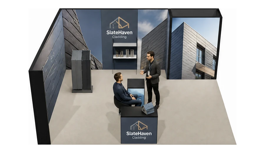 Stoisko 6 × 5 m narożne lewe dla branży dachy i elewacje, przykładowa marka SlateHaven Cladding