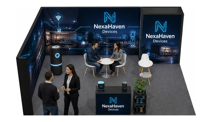 Stoisko 6 × 5 m narożne lewe dla branży smart home i IoT, przykładowa marka NexaHaven Devices