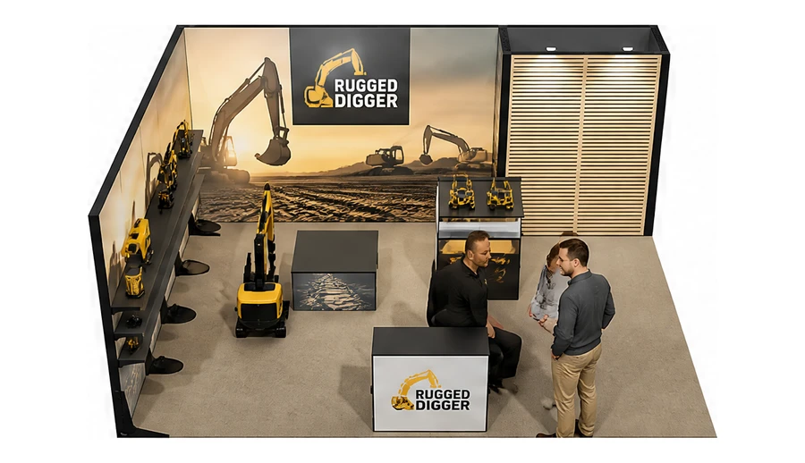 Stoisko 6 × 5 m narożne lewe dla branży maszyny budowlane, przykładowa marka Rugged Digger