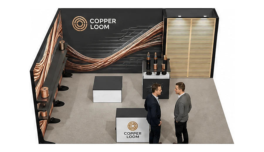 Stoisko 6 × 5 m narożne lewe dla branży kable i elektrotechnika, przykładowa marka Copper Loom