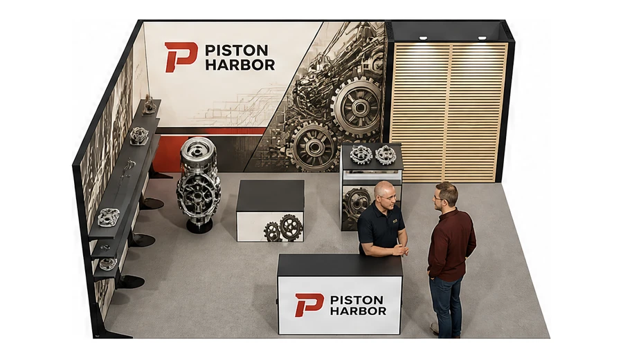Stoisko 6 × 5 m narożne lewe dla branży części motoryzacyjne, przykładowa marka Piston Harbor