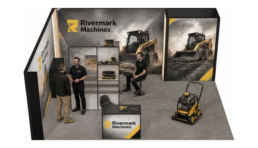 Stoisko 6 × 5 m narożne lewe dla branży maszyny budowlane, przykładowa marka Rivermark Machines