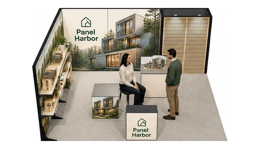 Stoisko 6 × 5 m narożne lewe dla branży domy modułowe i prefabrykacja, przykładowa marka Panel Harbor