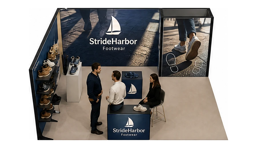 Stoisko 6 × 5 m narożne lewe dla branży obuwie, przykładowa marka StrideHarbor Footwear