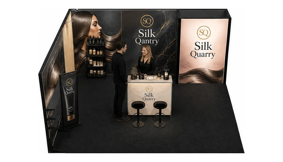 Stoisko 6 × 5 m narożne lewe dla branży fryzjerstwo i salony beauty, przykładowa marka Silk Quarry