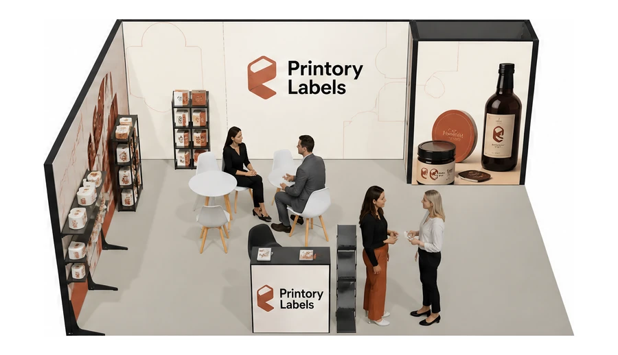 Stoisko 6 × 5 m narożne lewe dla branży etykiety i poligrafia, przykładowa marka Printory Labels