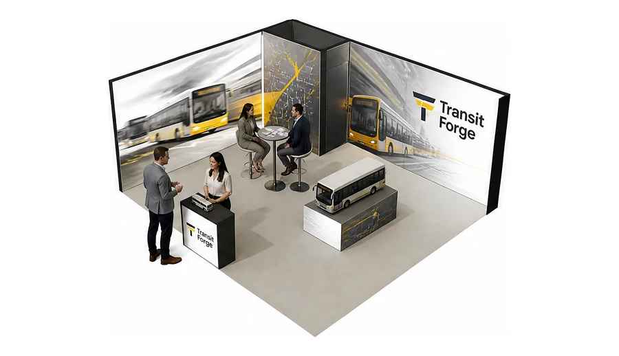 Stoisko 6 × 5 m narożne lewe dla branży autobusy i transport zbiorowy, przykładowa marka Transit Forge