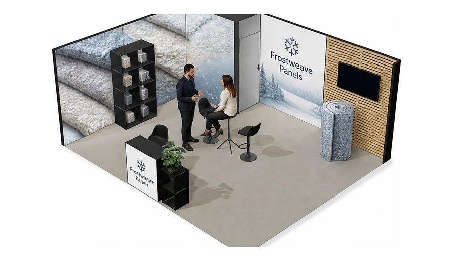 Stoisko 6 × 5 m narożne lewe dla branży izolacje techniczne, przykładowa marka Frostweave Panels