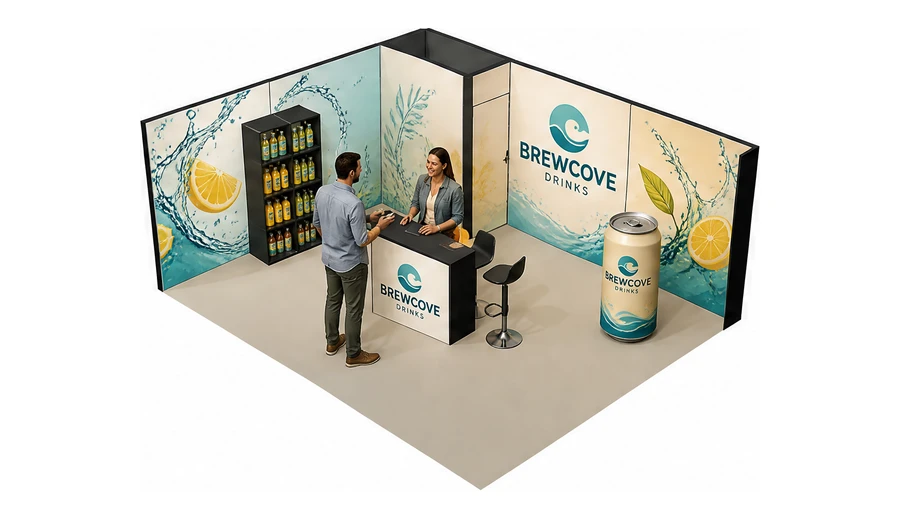 Stoisko 6 × 5 m narożne lewe dla branży napoje, przykładowa marka Brewcove Drinks