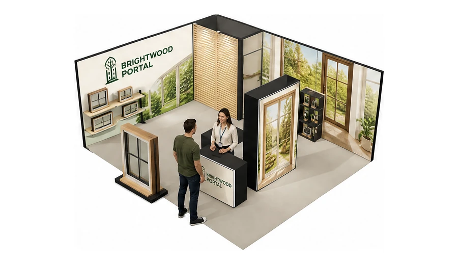 Stoisko 6 × 5 m narożne lewe dla branży okna i drzwi, przykładowa marka Brightwood Portal