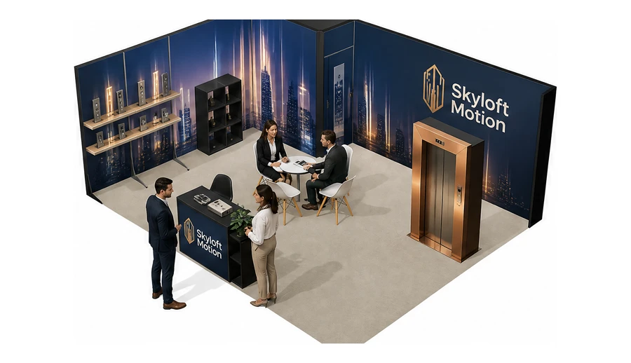 Stoisko 6 × 5 m narożne lewe dla branży dźwigi i windy, przykładowa marka Skyloft Motion