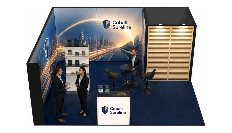 Stoisko 6 × 5 m narożne lewe dla branży ubezpieczenia, przykładowa marka Cobalt Sureline