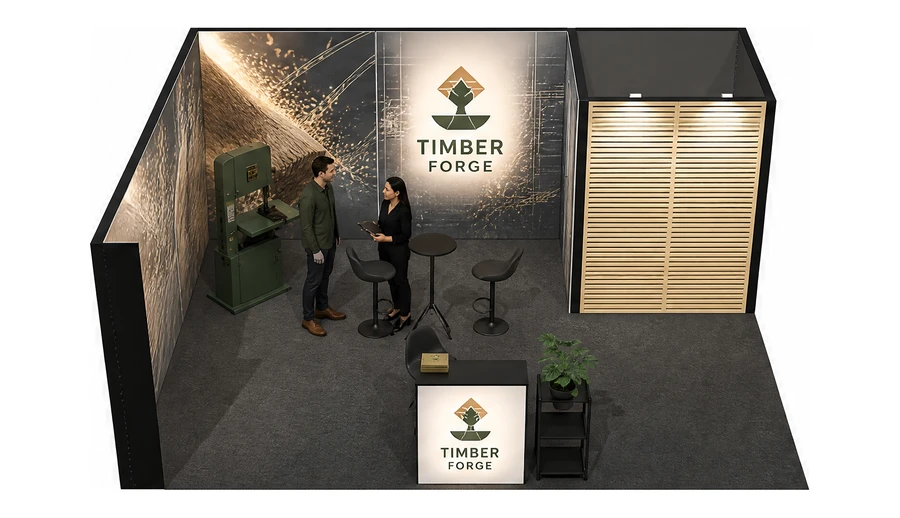 Stoisko 6 × 5 m narożne lewe dla branży maszyny do obróbki drewna, przykładowa marka Timber Forge