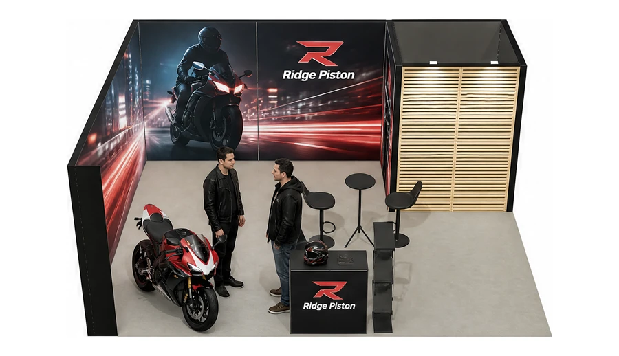 Stoisko 6 × 5 m narożne lewe dla branży motocykle i skutery, przykładowa marka Ridge Piston