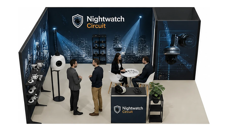 Stoisko 6 × 5 m narożne lewe dla branży systemy zabezpieczeń, przykładowa marka Nightwatch Circuit