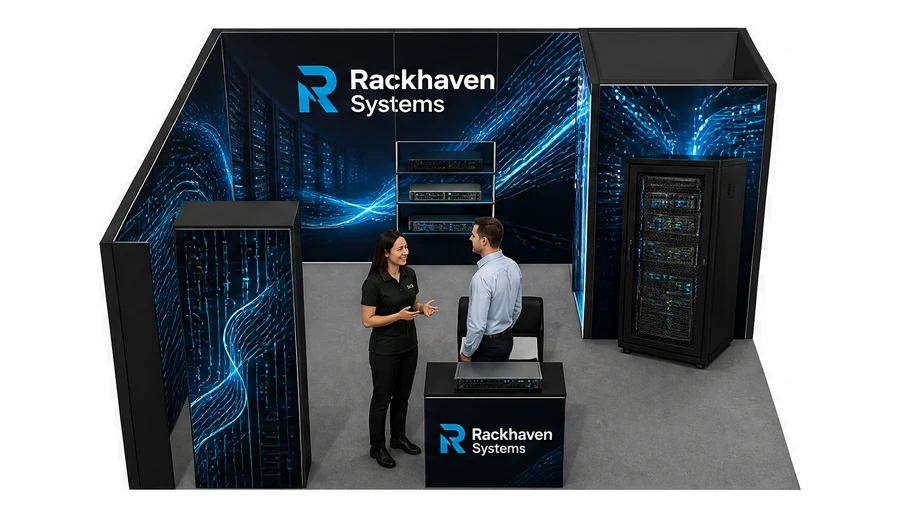 Stoisko 6 × 5 m narożne lewe dla branży infrastruktura IT i data center, przykładowa marka Rackhaven Systems