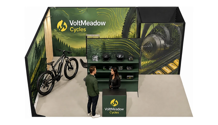 Stoisko 6 × 5 m narożne lewe dla branży rowery elektryczne, przykładowa marka VoltMeadow Cycles