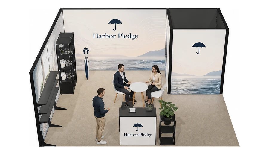 Stoisko 6 × 5 m narożne lewe dla branży ubezpieczenia, przykładowa marka Harbor Pledge