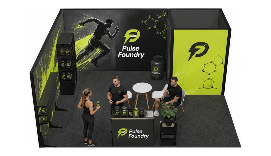 Stoisko 6 × 5 m narożne lewe dla branży suplementy diety, przykładowa marka Pulse Foundry