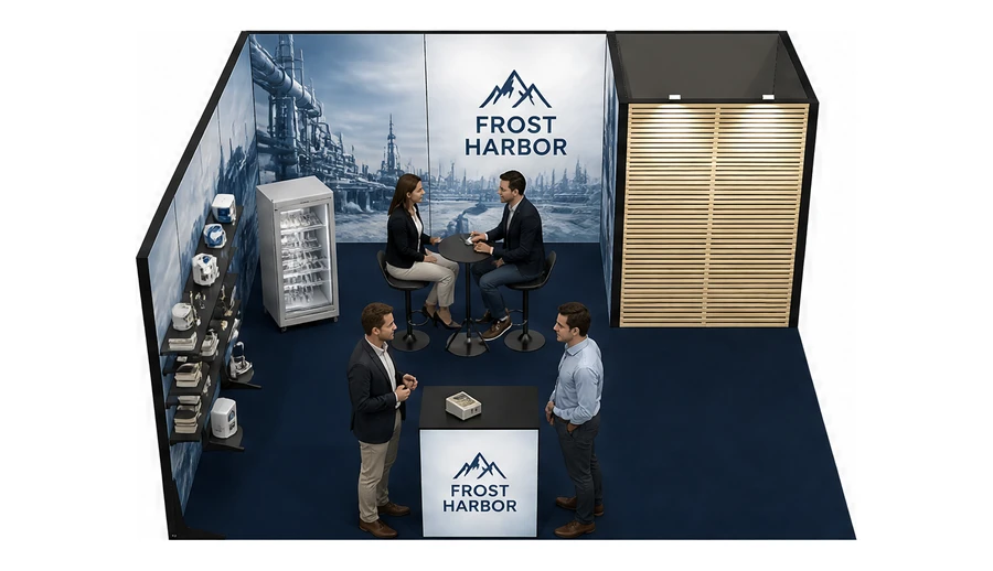 Stoisko 6 × 5 m narożne lewe dla branży łańcuch chłodniczy, przykładowa marka Frost Harbor
