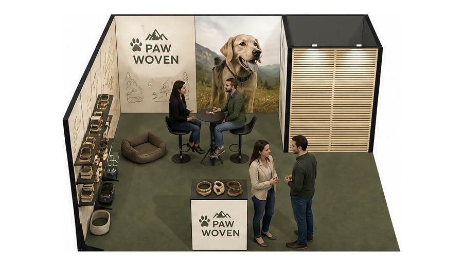 Stoisko 6 × 5 m narożne lewe dla branży akcesoria dla zwierząt, przykładowa marka Paw Woven
