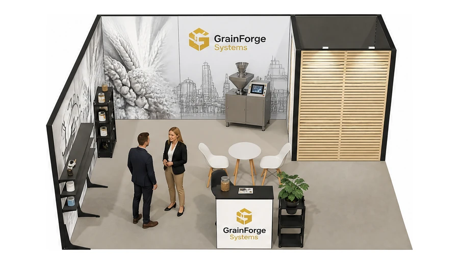 Stoisko 6 × 5 m narożne lewe dla branży technologie spożywcze, przykładowa marka GrainForge Systems